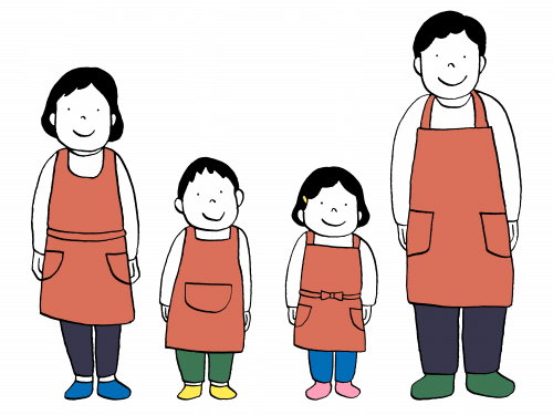 Two children with aprons and a mom and dad