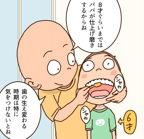 Cartoon of a dad brushing his child's teeth.