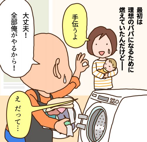 洗濯するパパと、子供を抱いたママのイラスト